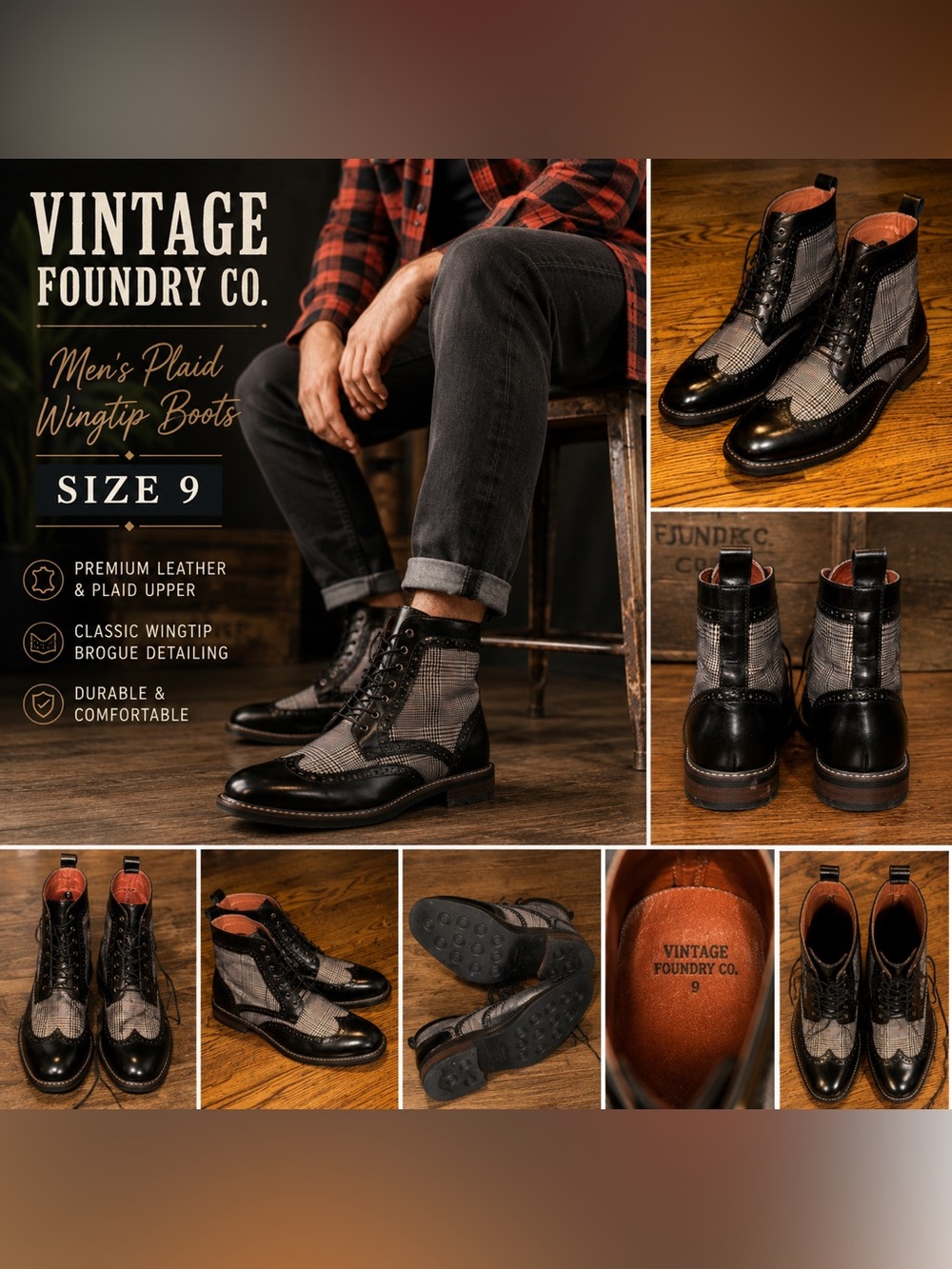Vintage Foundry Co Men’s Plaid Wingtip Lace Up Boots Size 9